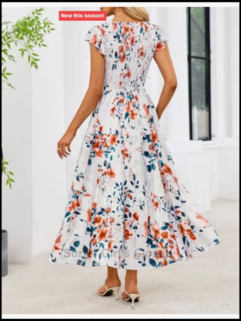 Flutter Sleeve Smocked Midi Dress V-Neck A-Line Ruffle - Picture 2 of 7
